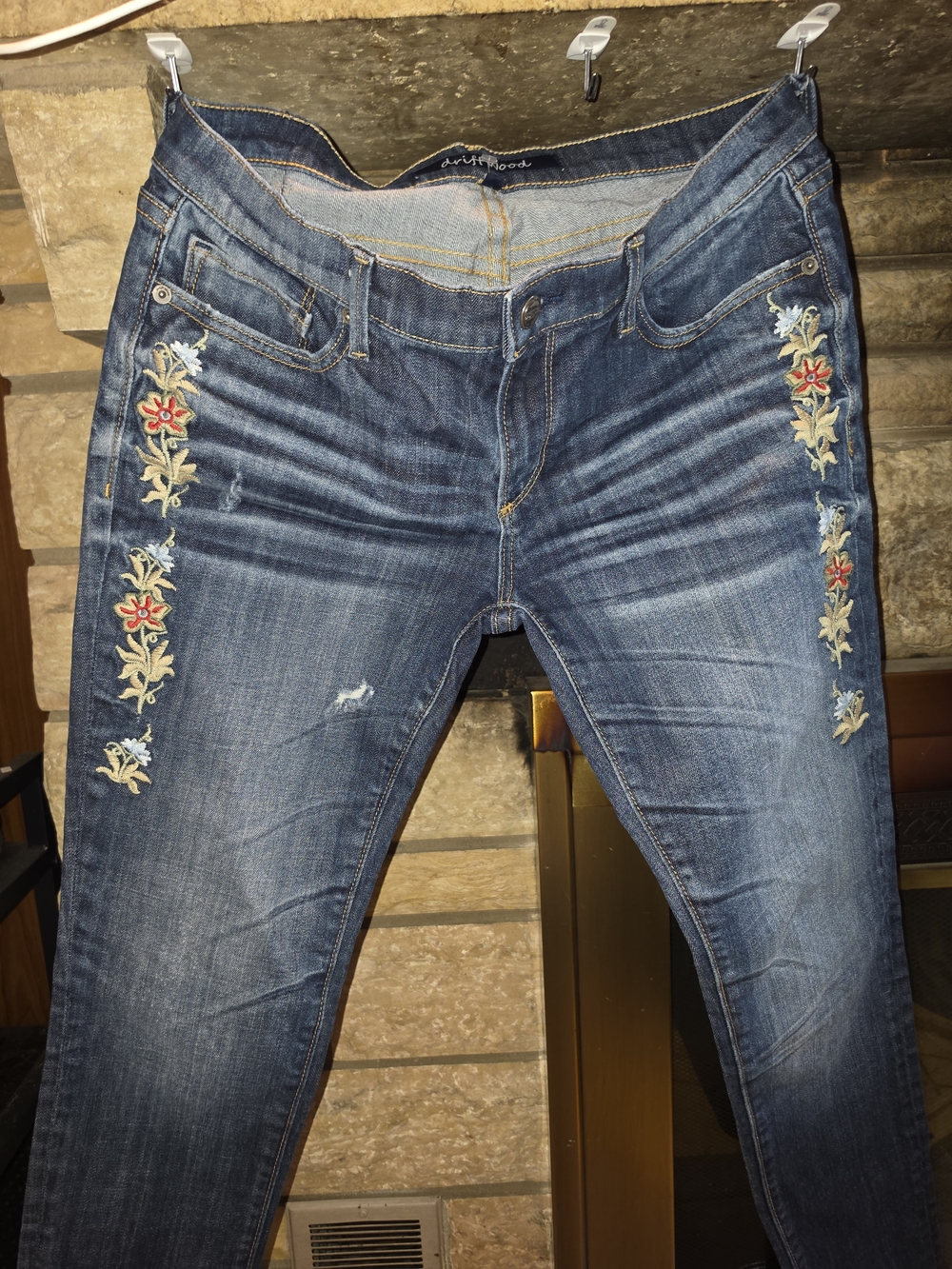 DRIFTWOOD Embroidered Skinny Jeans in Dark Blue with Red Floral Accents